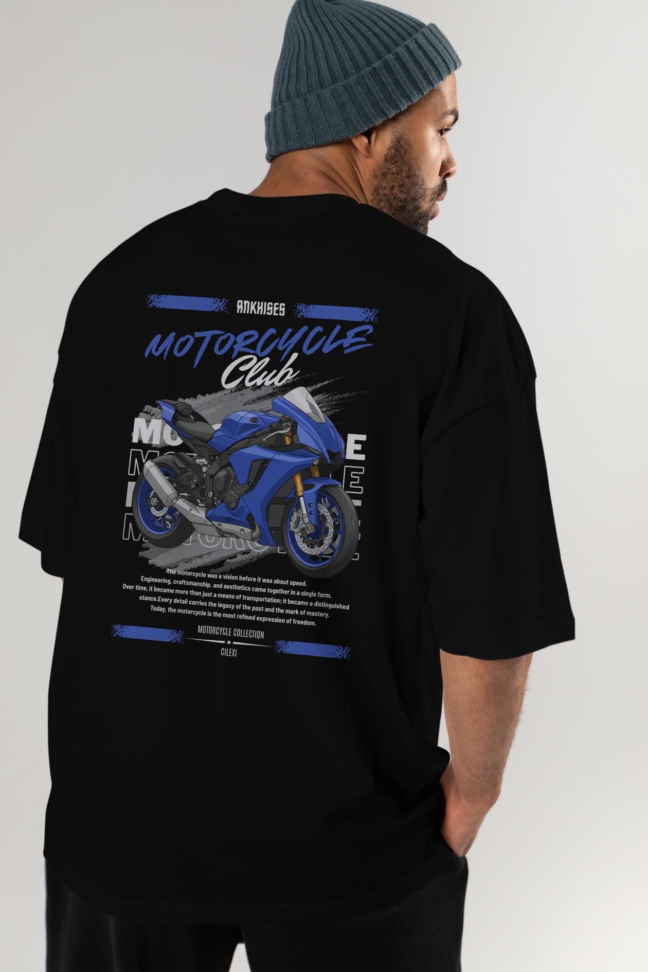 Motosiklet Serisi 31 Arka Baskılı Oversize t-shirt Erkek Kadın %100 Pamuk Bisiklet Yaka tişort