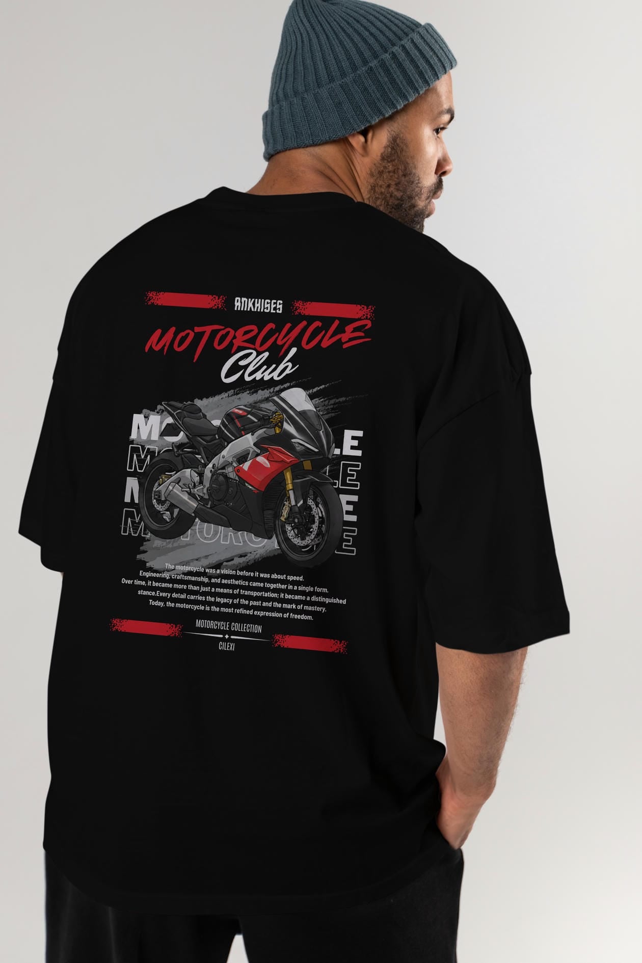 Motosiklet Serisi 8 Arka Baskılı Oversize t-shirt Erkek Kadın %100 Pamuk Bisiklet Yaka tişort