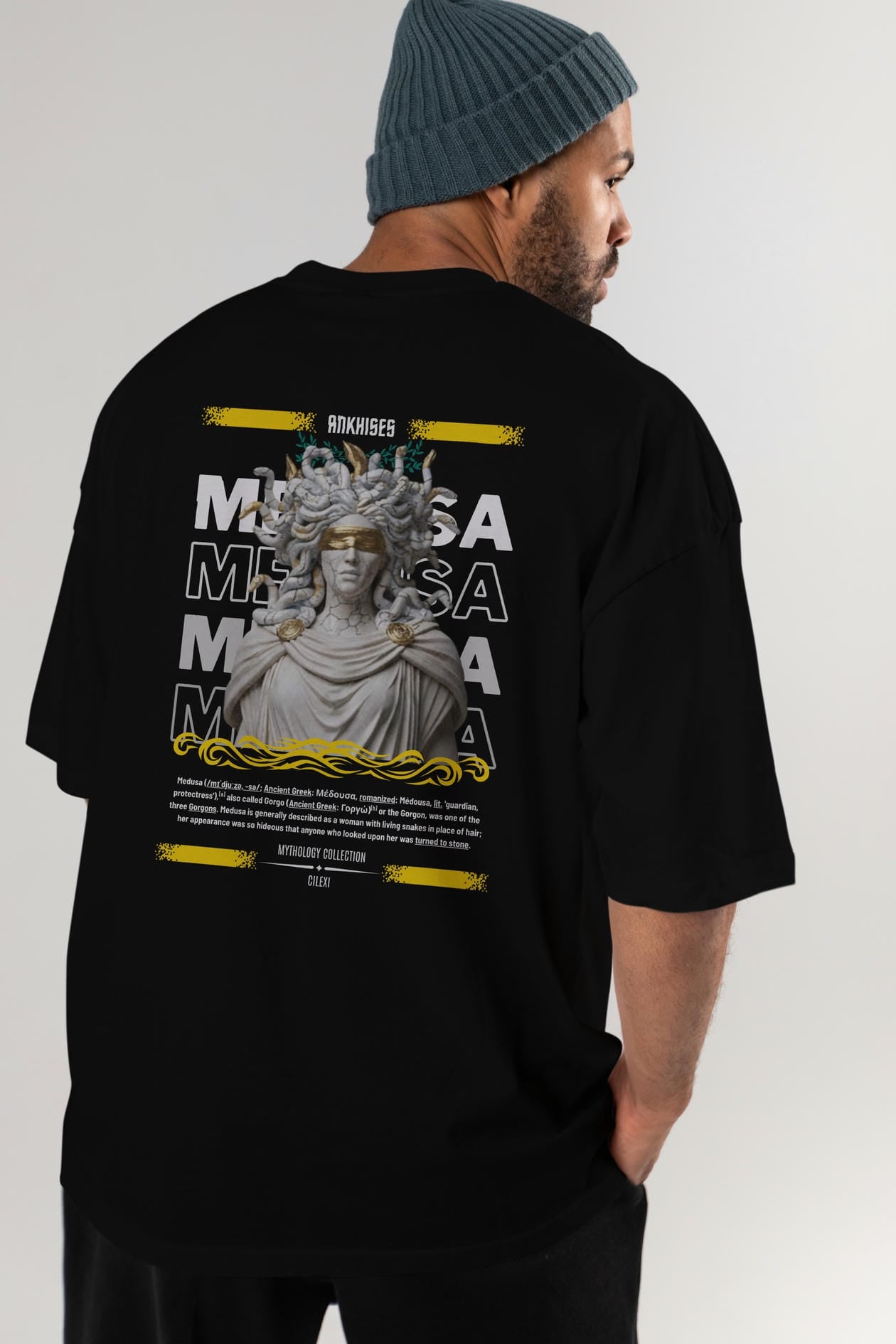 Medusa 2 Arka Baskılı Oversize t-shirt Erkek Kadın %100 Pamuk Bisiklet Yaka tişort