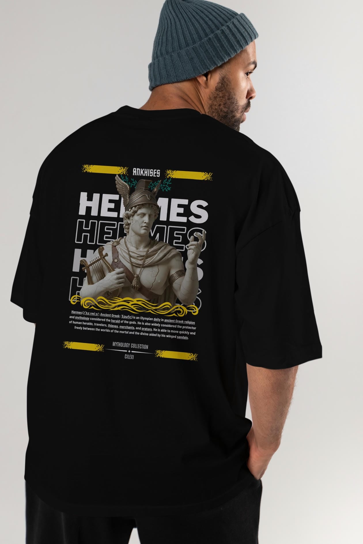Hermes 2 Arka Baskılı Oversize t-shirt Erkek Kadın %100 Pamuk Bisiklet Yaka tişort