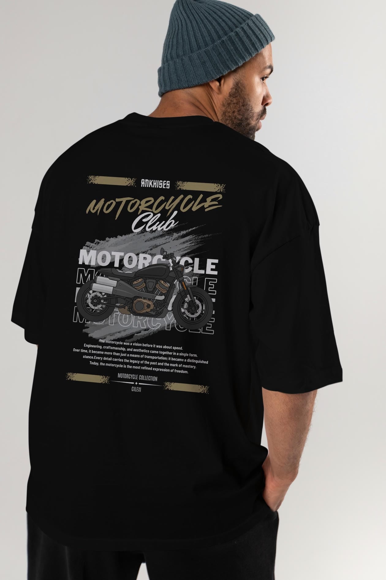 Motosiklet Serisi 29 Arka Baskılı Oversize t-shirt Erkek Kadın %100 Pamuk Bisiklet Yaka tişort