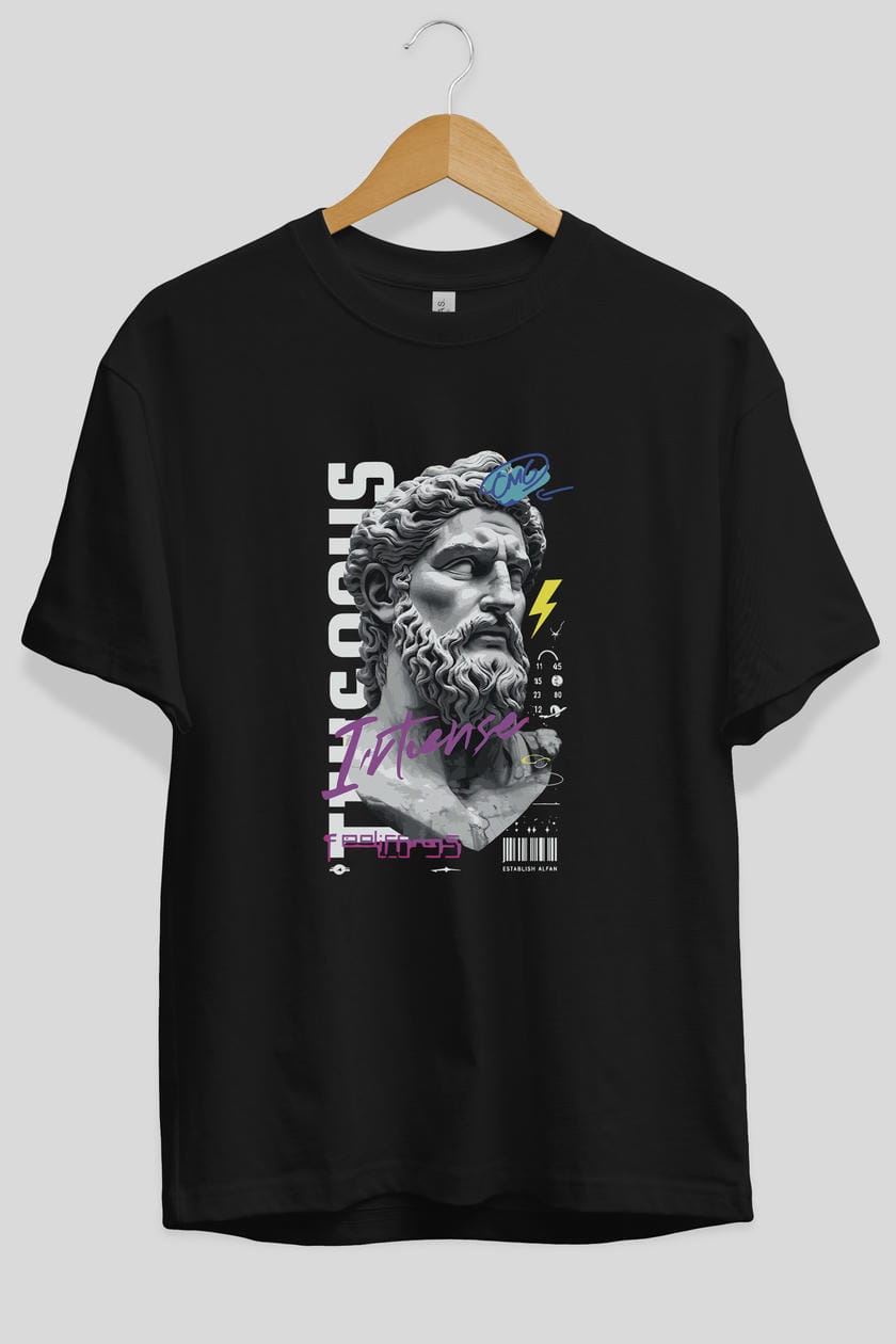 Zeus Intense ön Baskılı Oversize t-shirt Erkek Kadın %100 Pamuk Bisiklet Yaka tişort