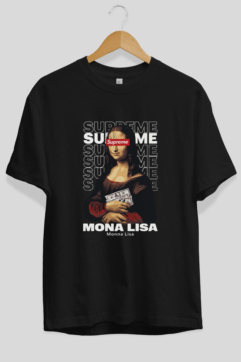 Mona Lisa Supreme ön Baskılı Oversize t-shirt Erkek Kadın %100 Pamuk Bisiklet Yaka tişort