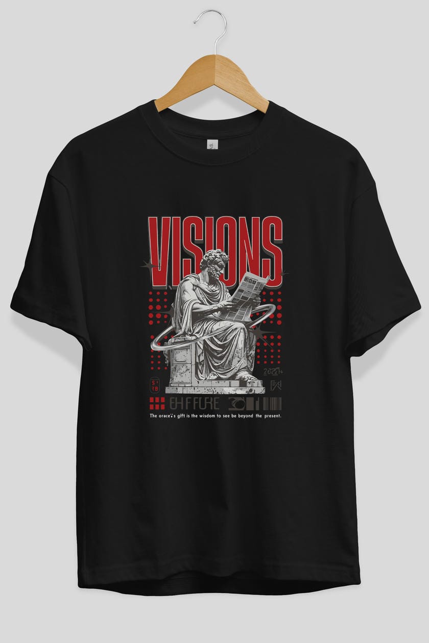 Visions ön Baskılı Oversize t-shirt Erkek Kadın %100 Pamuk Bisiklet Yaka tişort