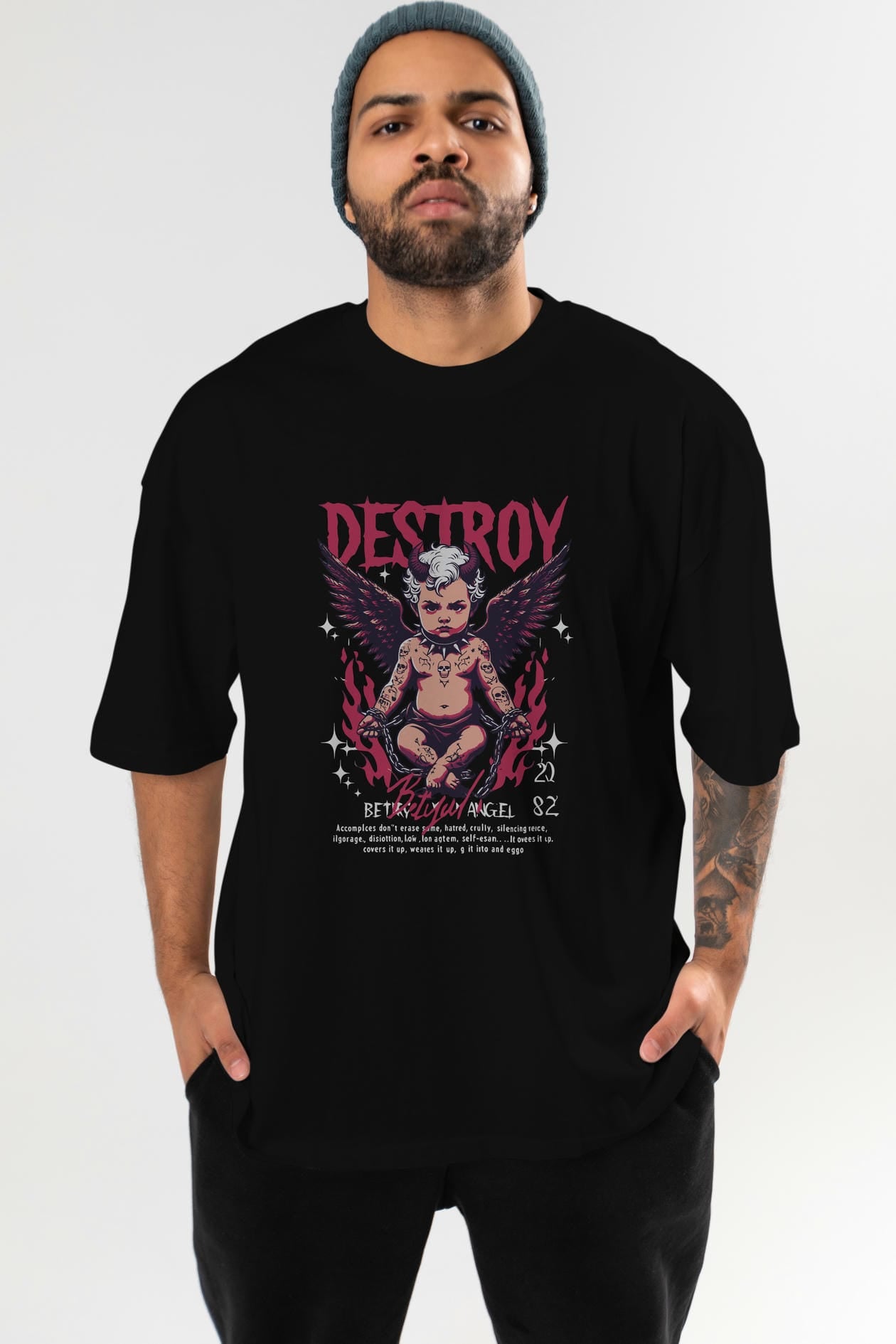 Destroy ön Baskılı Oversize t-shirt Erkek Kadın %100 Pamuk Bisiklet Yaka tişort