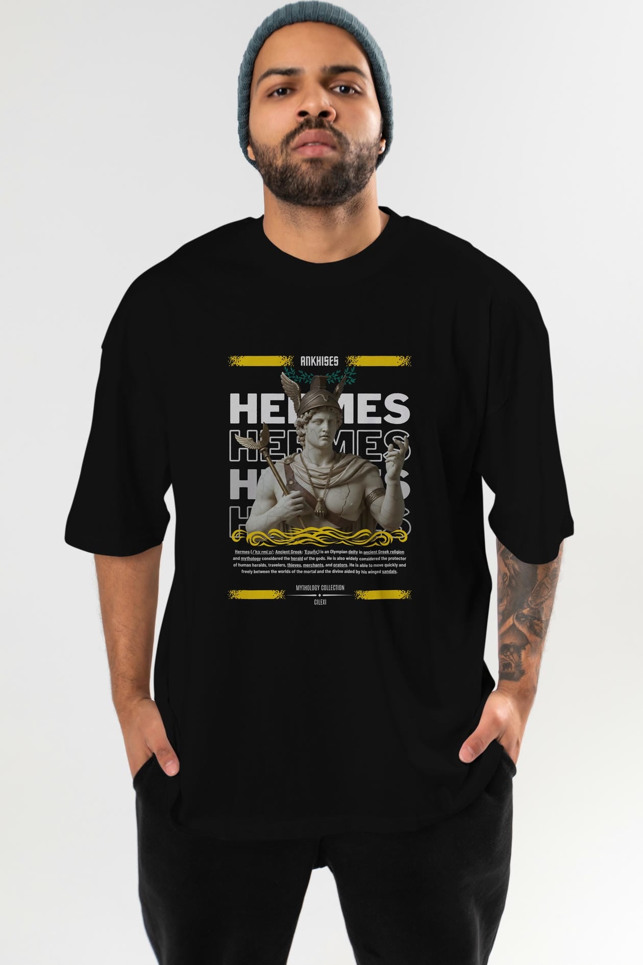 Hermes 1 ön Baskılı Oversize t-shirt Erkek Kadın %100 Pamuk Bisiklet Yaka tişort