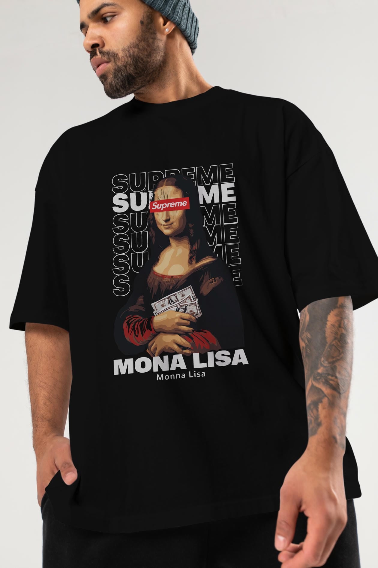 Mona Lisa Supreme ön Baskılı Oversize t-shirt Erkek Kadın %100 Pamuk Bisiklet Yaka tişort