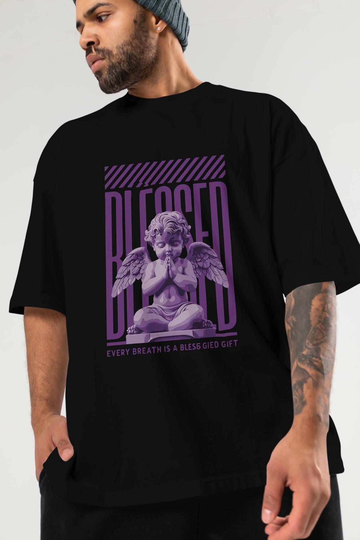 Blessed ön Baskılı Oversize t-shirt Erkek Kadın %100 Pamuk Bisiklet Yaka tişort