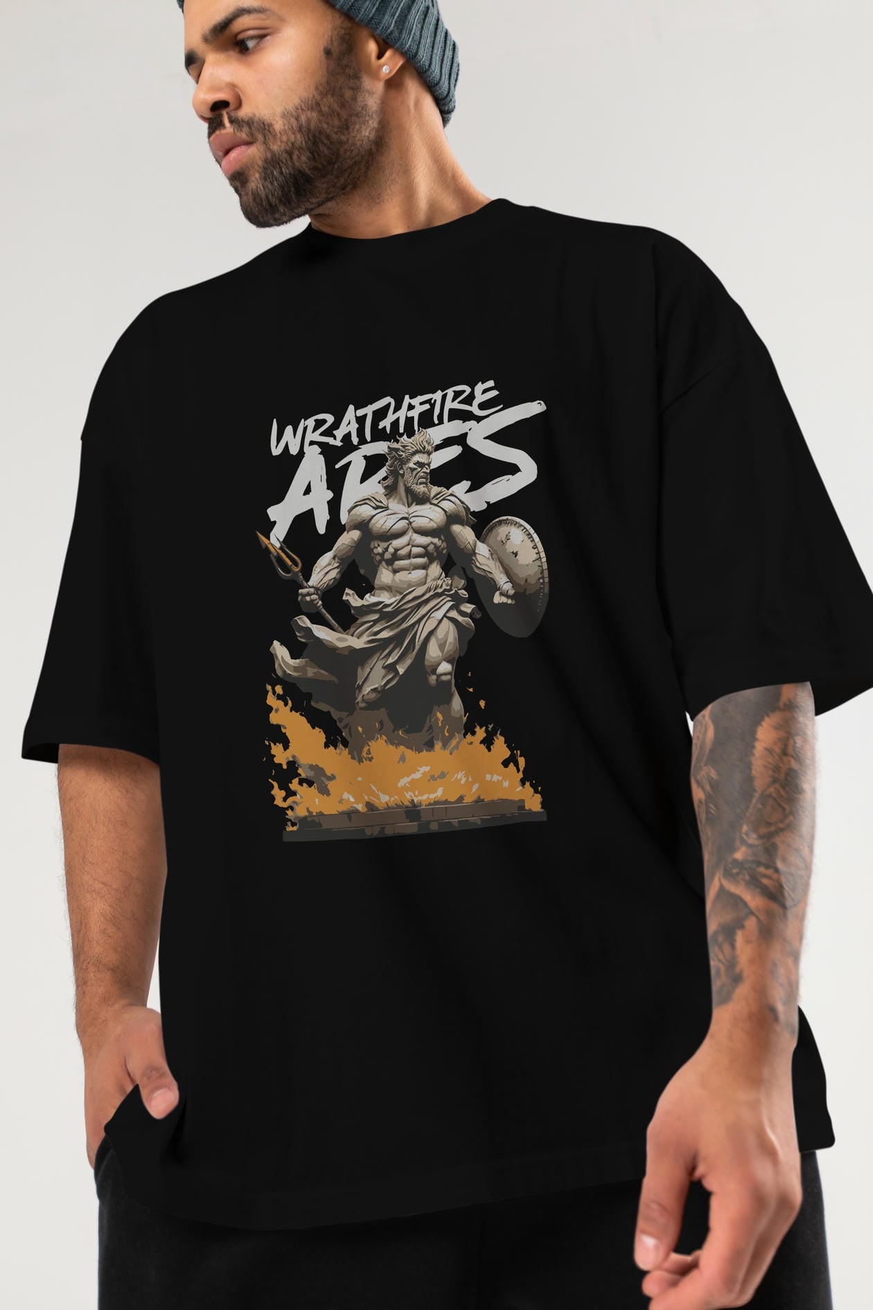 WrathFire Ares ön Baskılı Oversize t-shirt Erkek Kadın %100 Pamuk Bisiklet Yaka tişort