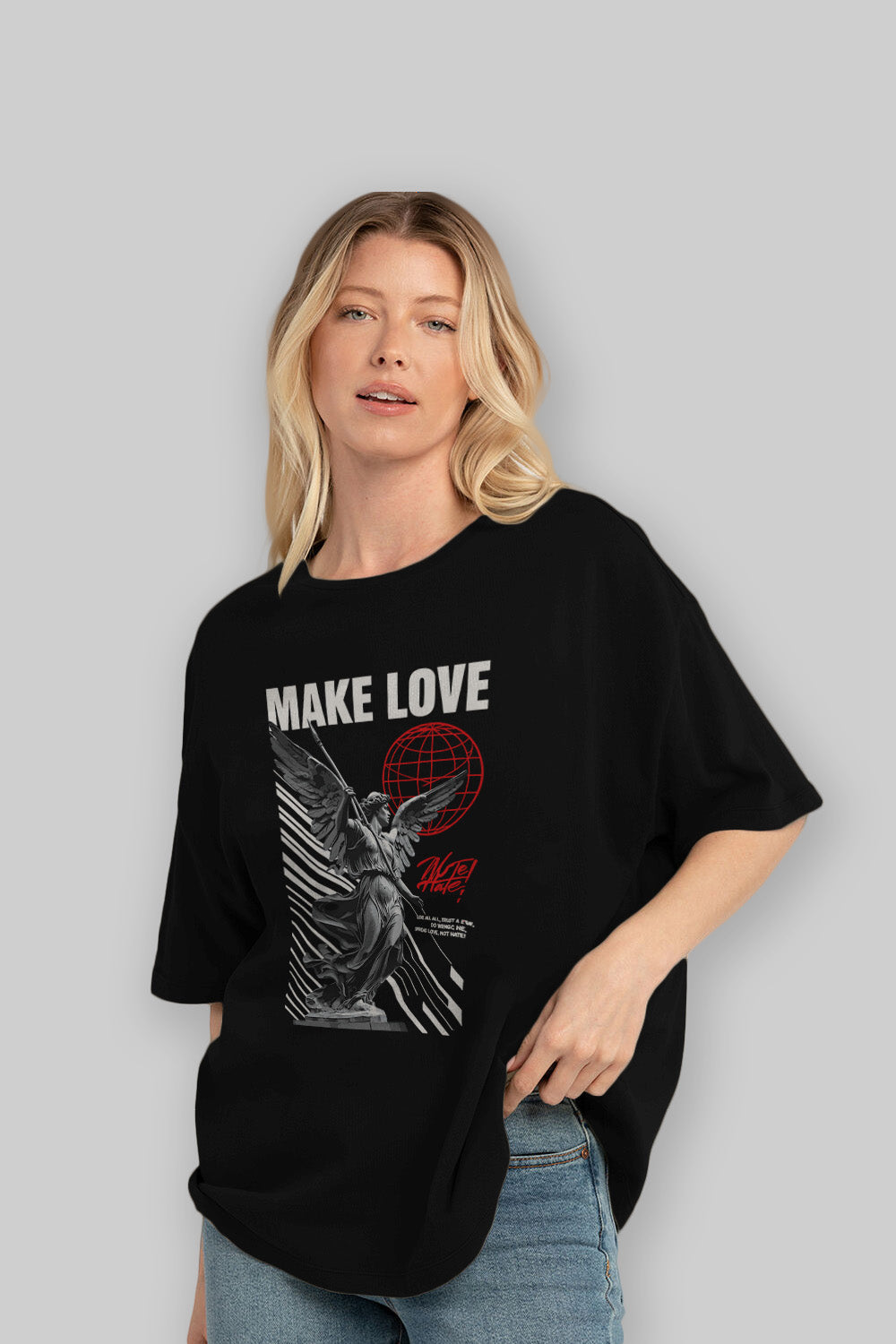 Make Love ön Baskılı Oversize t-shirt Erkek Kadın %100 Pamuk Bisiklet Yaka tişort