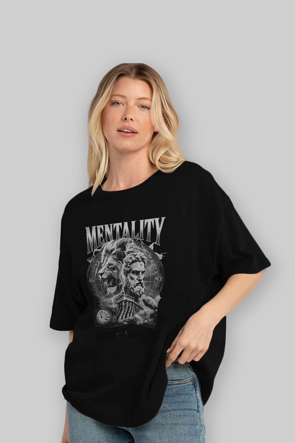 Mentality Zeus ön Baskılı Oversize t-shirt Erkek Kadın %100 Pamuk Bisiklet Yaka tişort