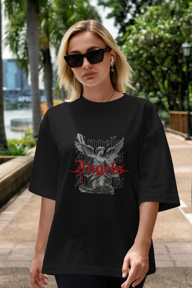 Angels ön Baskılı Oversize t-shirt Erkek Kadın %100 Pamuk Bisiklet Yaka tişort