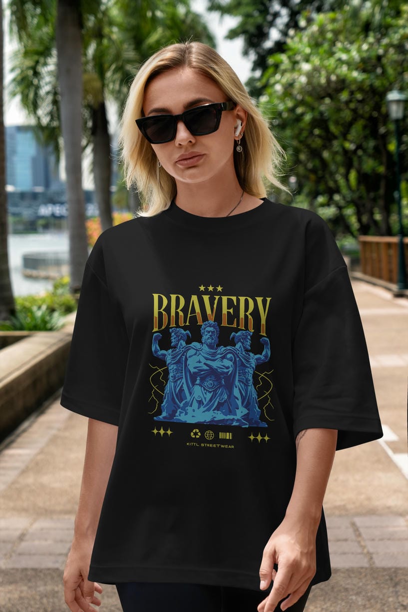 Bravery ön Baskılı Oversize t-shirt Erkek Kadın %100 Pamuk Bisiklet Yaka tişort