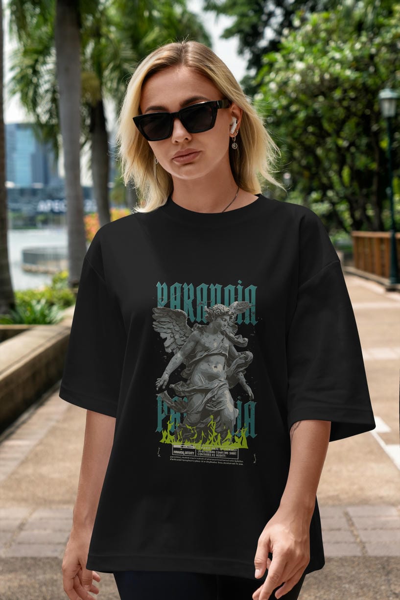 Paranoia ön Baskılı Oversize t-shirt Erkek Kadın %100 Pamuk Bisiklet Yaka tişort