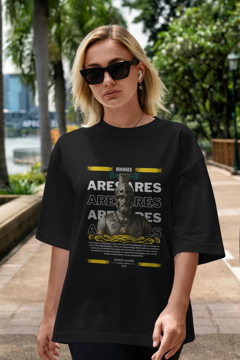 Ares 1 ön Baskılı Oversize t-shirt Erkek Kadın %100 Pamuk Bisiklet Yaka tişort