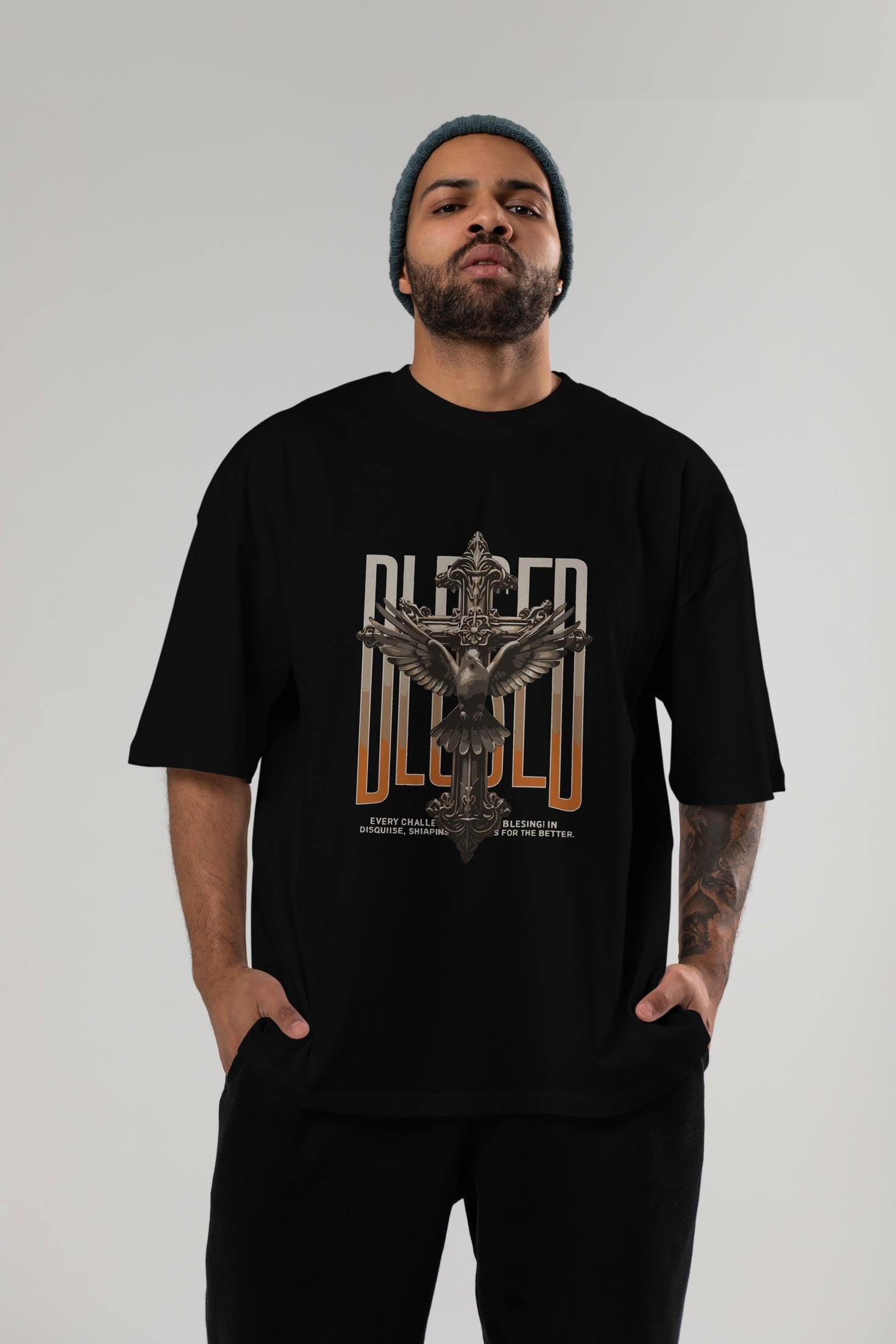 Blesed ön Baskılı Oversize t-shirt Erkek Kadın %100 Pamuk Bisiklet Yaka tişort