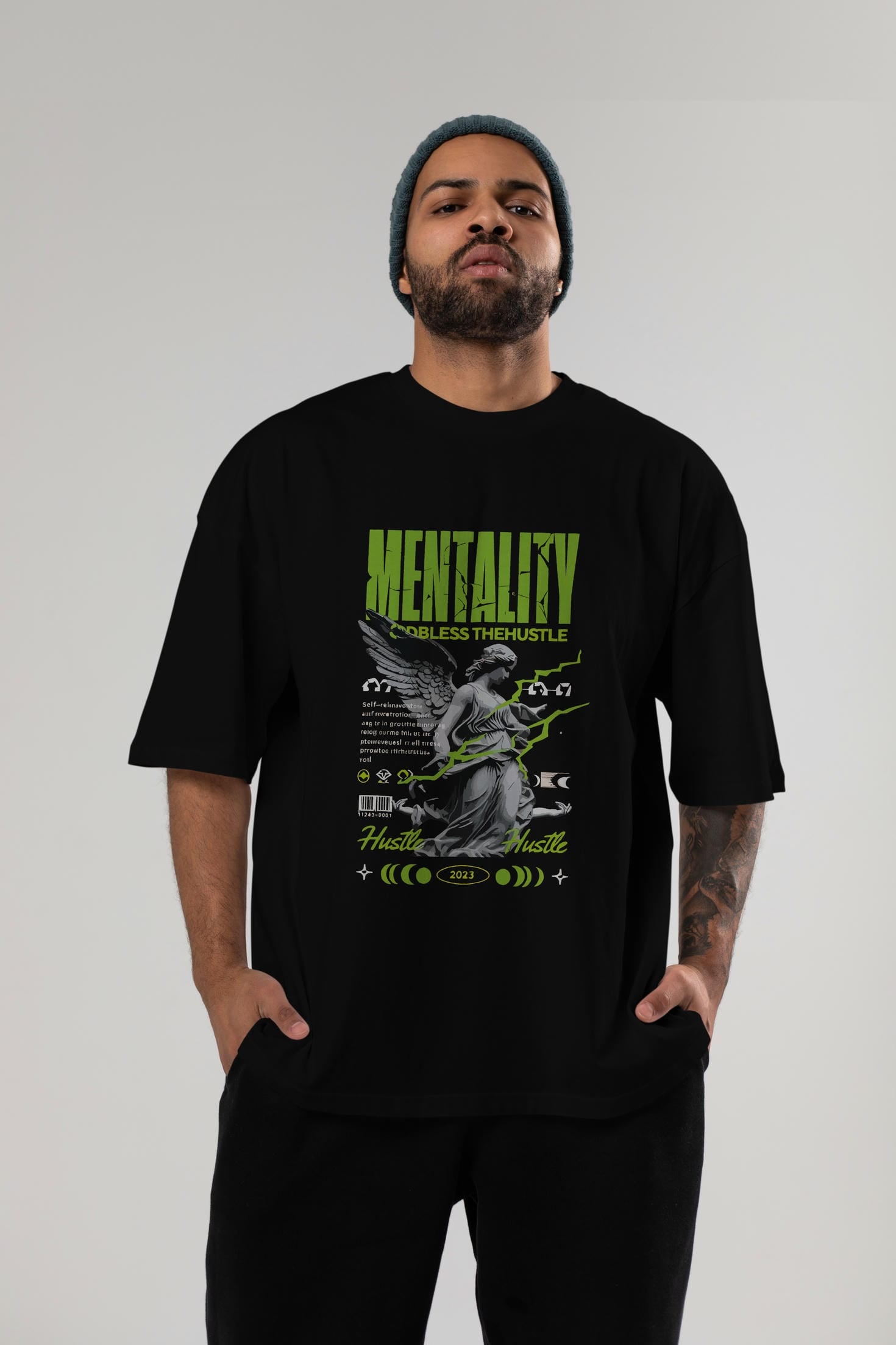 Mentality ön Baskılı Oversize t-shirt Erkek Kadın %100 Pamuk Bisiklet Yaka tişort