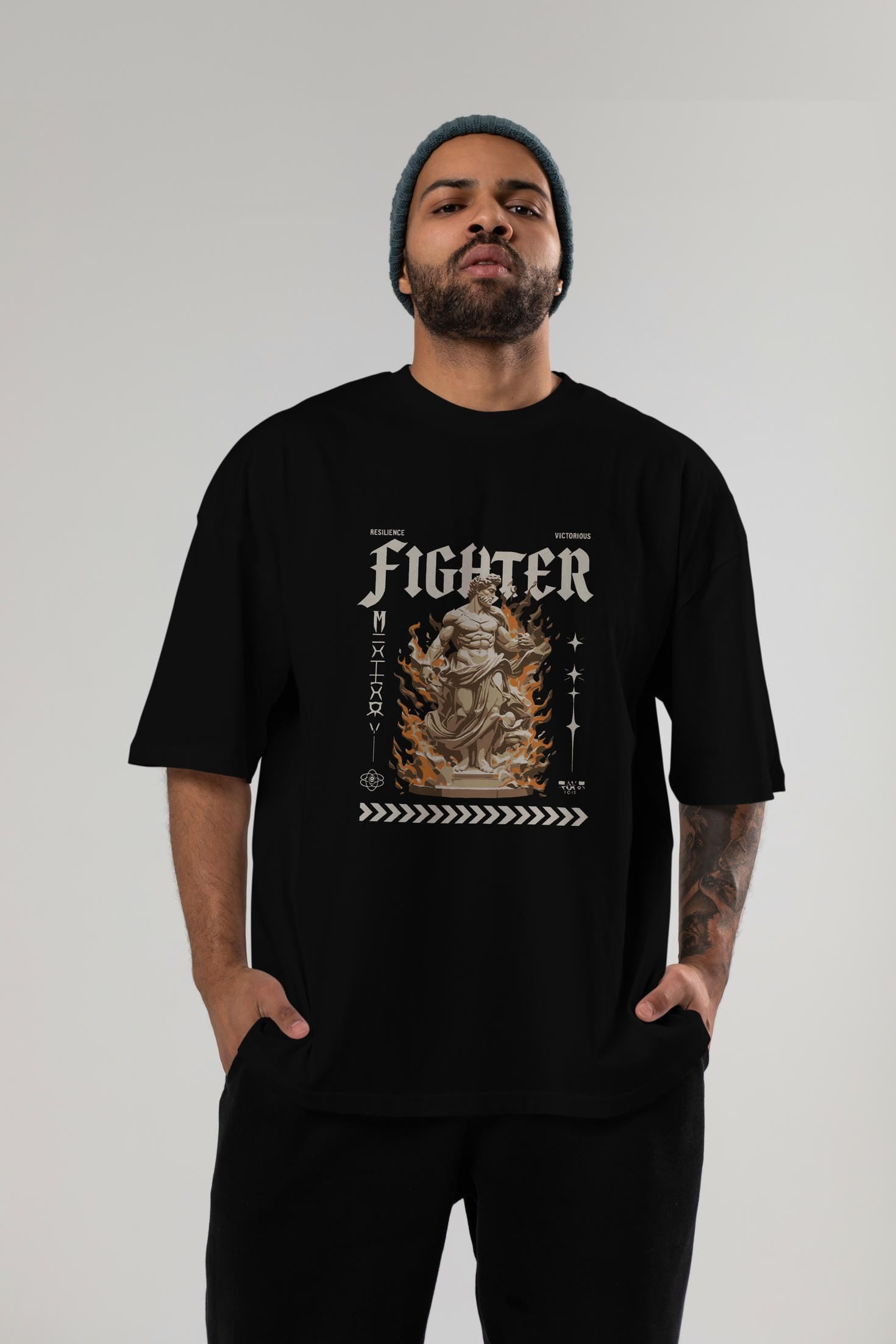 Fighter ön Baskılı Oversize t-shirt Erkek Kadın %100 Pamuk Bisiklet Yaka tişort