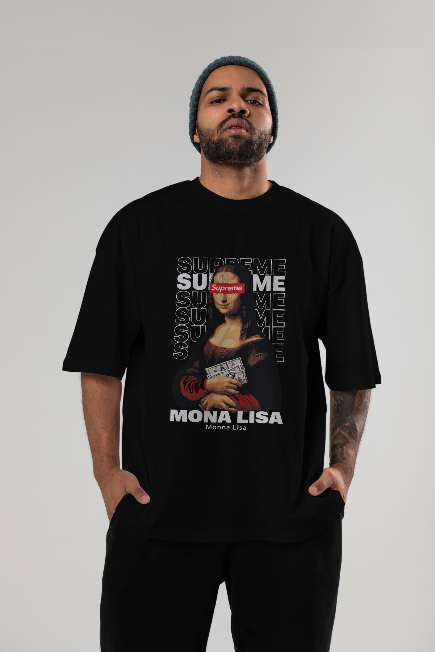 Mona Lisa Supreme ön Baskılı Oversize t-shirt Erkek Kadın %100 Pamuk Bisiklet Yaka tişort