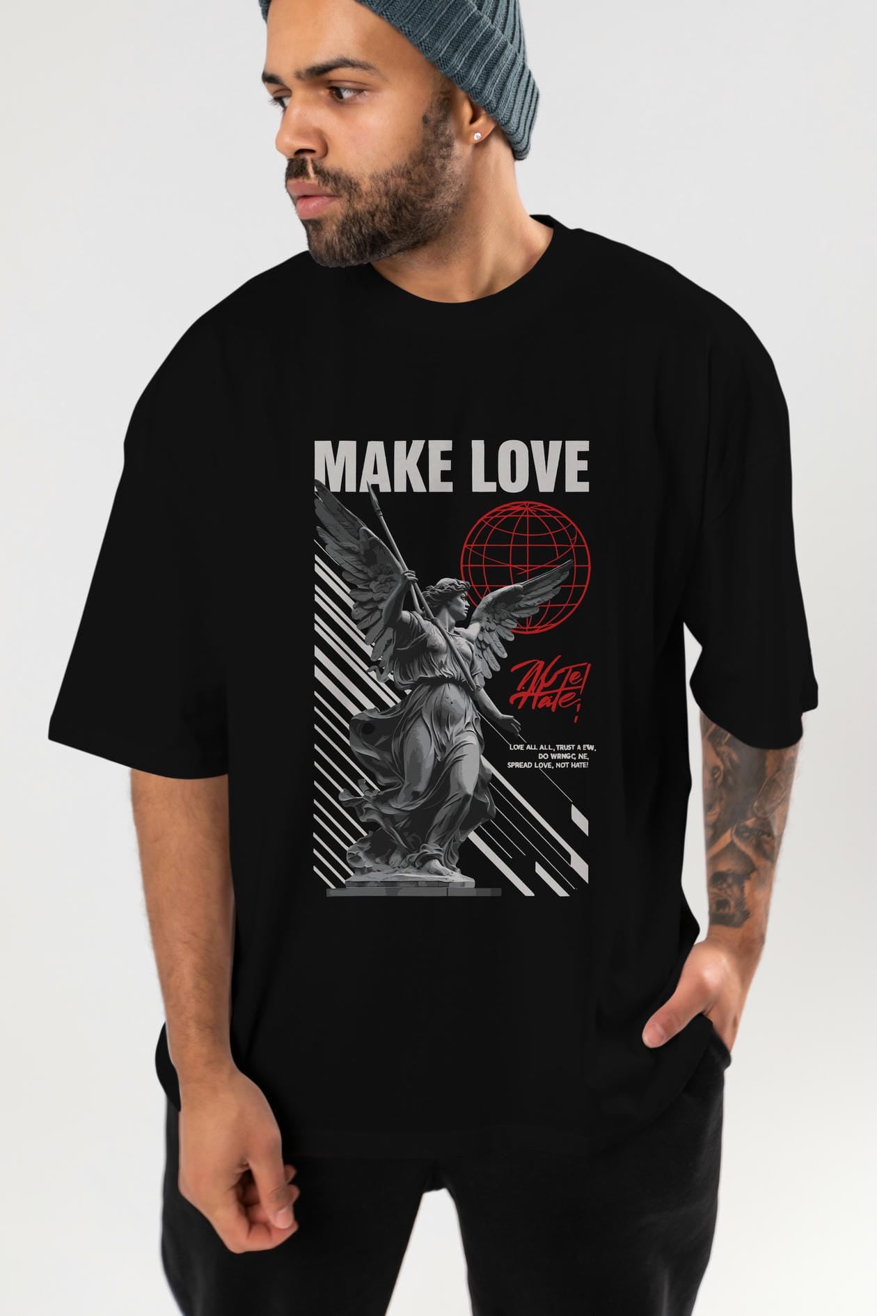 Make Love ön Baskılı Oversize t-shirt Erkek Kadın %100 Pamuk Bisiklet Yaka tişort