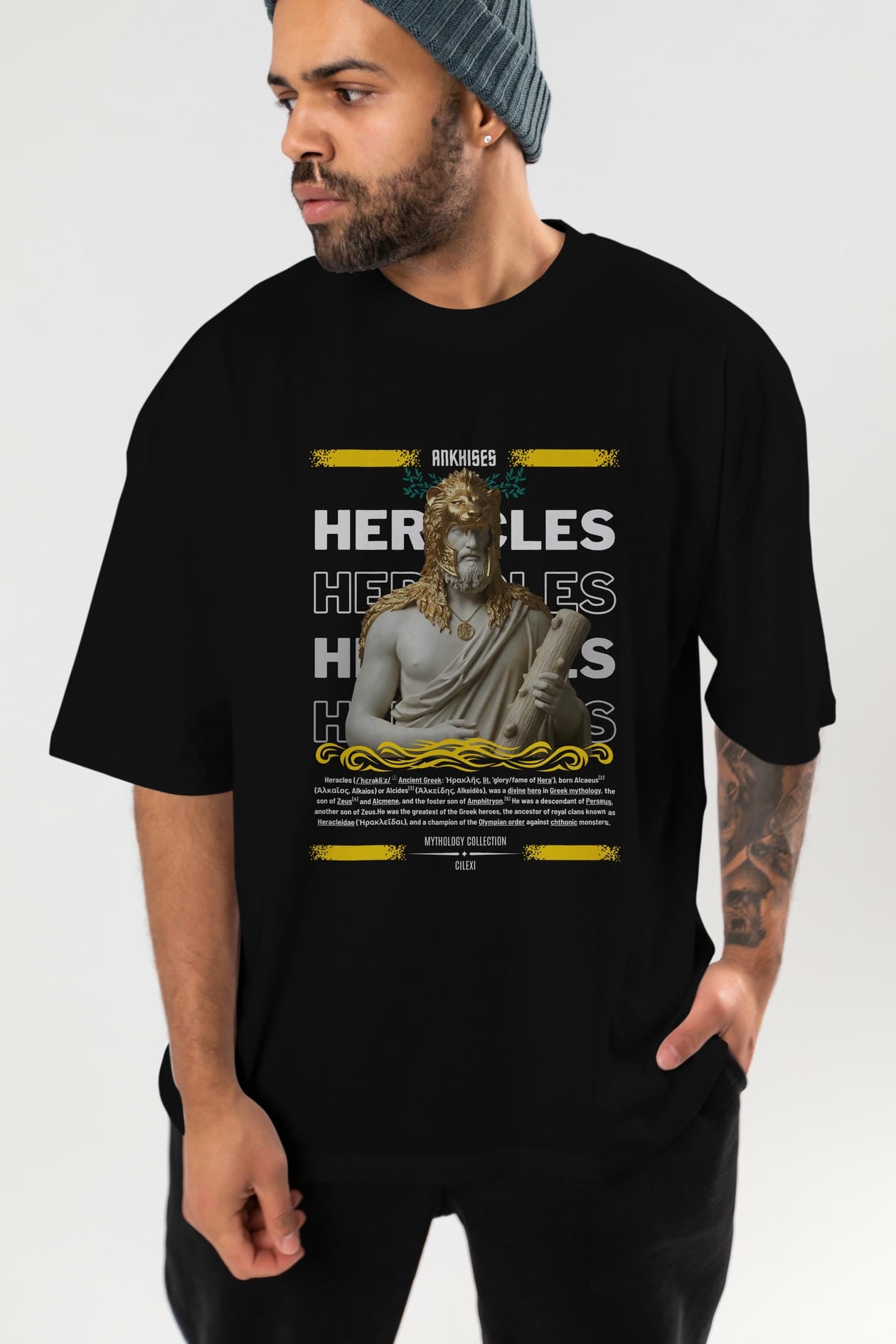 Heracles 1 ön Baskılı Oversize t-shirt Erkek Kadın %100 Pamuk Bisiklet Yaka tişort