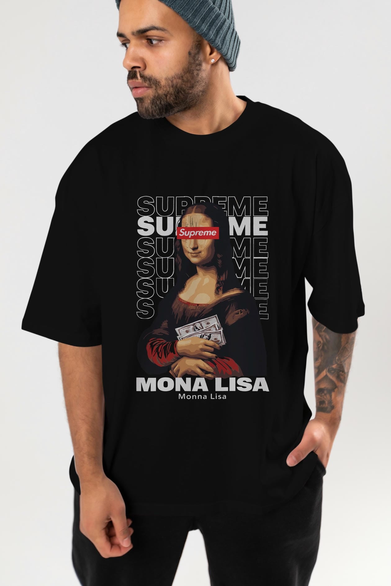 Mona Lisa Supreme ön Baskılı Oversize t-shirt Erkek Kadın %100 Pamuk Bisiklet Yaka tişort