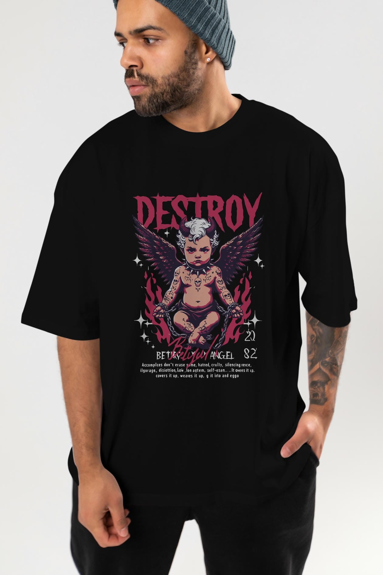 Destroy ön Baskılı Oversize t-shirt Erkek Kadın %100 Pamuk Bisiklet Yaka tişort