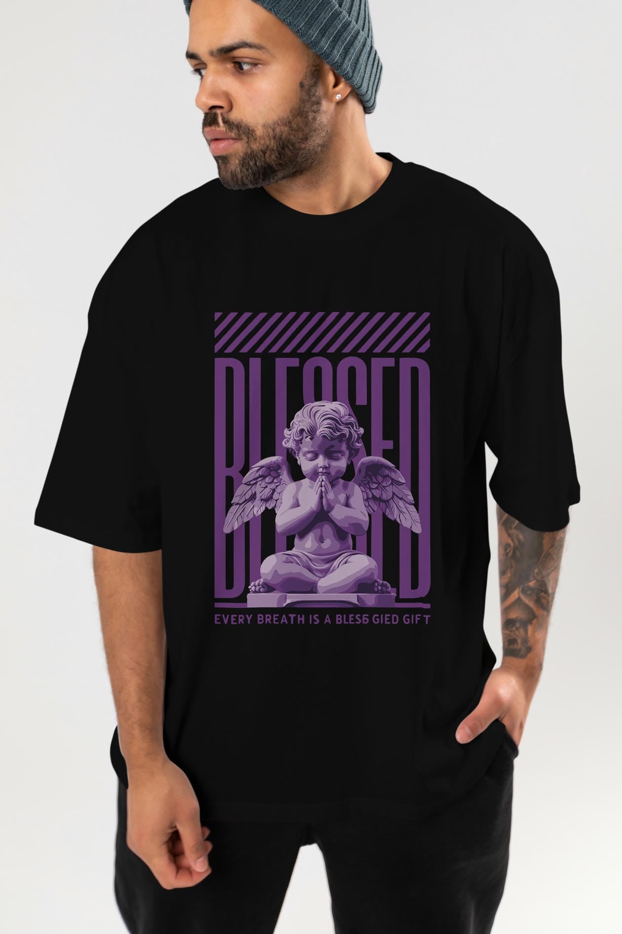 Blessed ön Baskılı Oversize t-shirt Erkek Kadın %100 Pamuk Bisiklet Yaka tişort