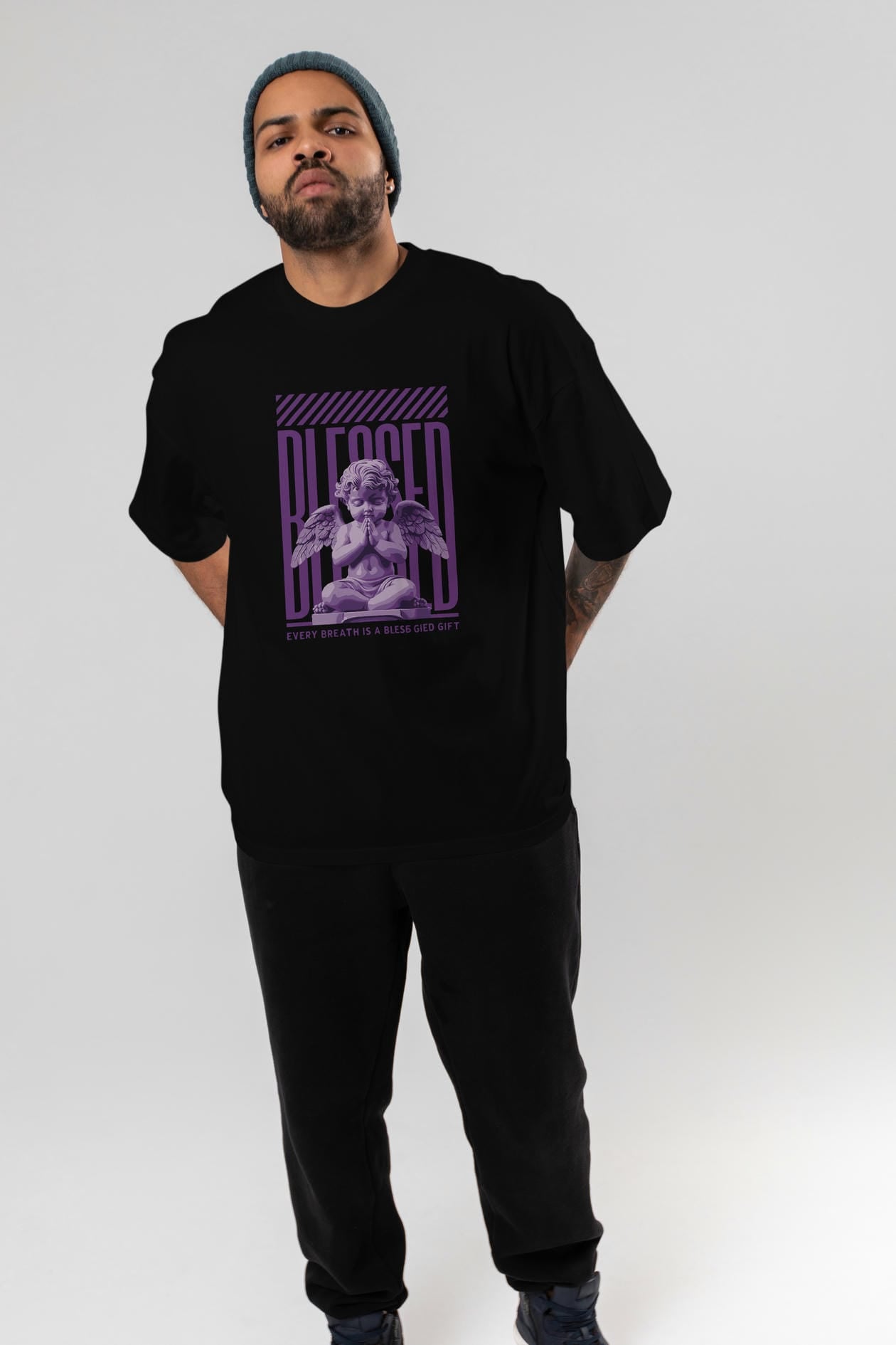 Blessed ön Baskılı Oversize t-shirt Erkek Kadın %100 Pamuk Bisiklet Yaka tişort