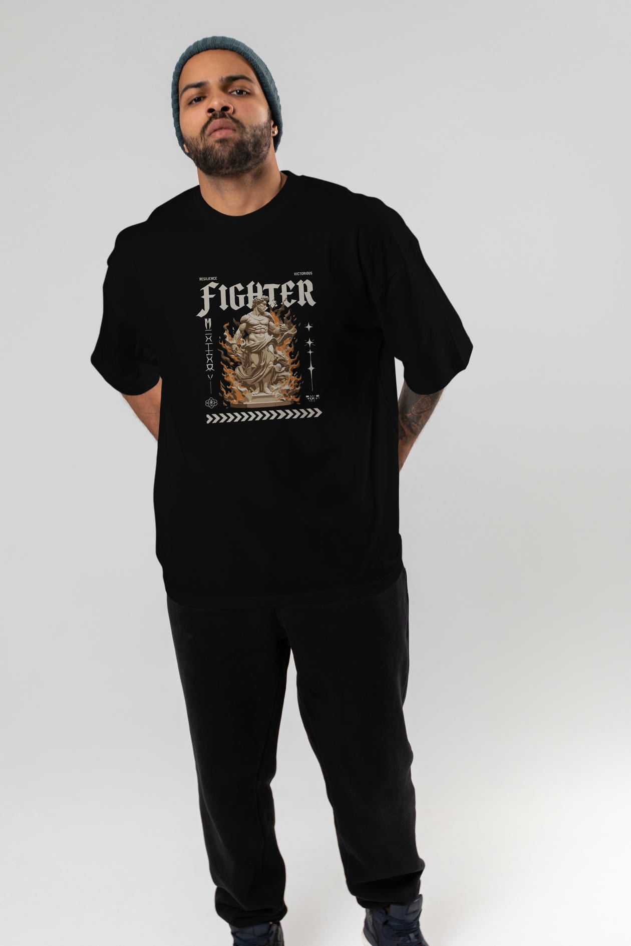 Fighter ön Baskılı Oversize t-shirt Erkek Kadın %100 Pamuk Bisiklet Yaka tişort