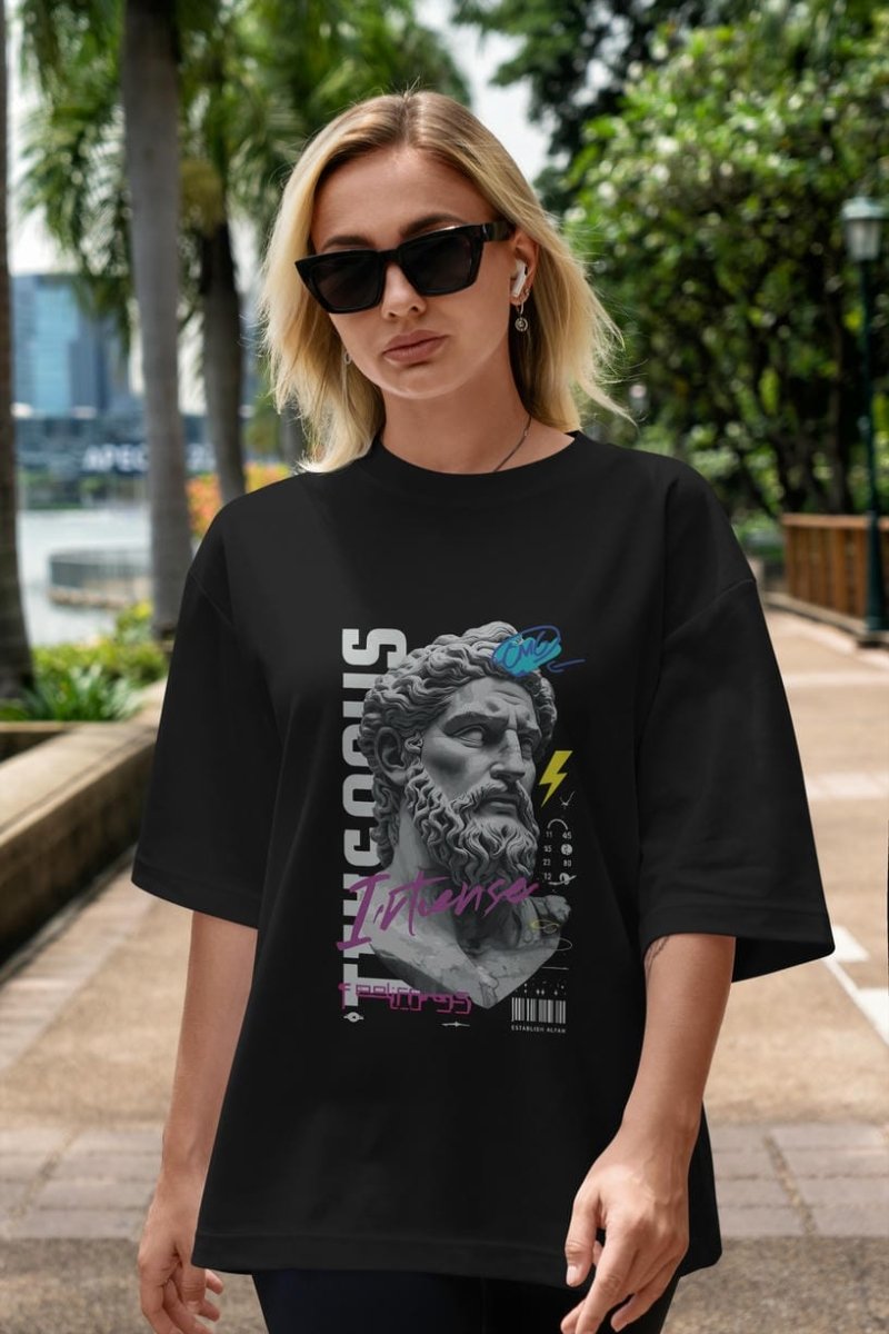 Zeus Intense ön Baskılı Oversize t-shirt Erkek Kadın %100 Pamuk Bisiklet Yaka tişort - Cilexi