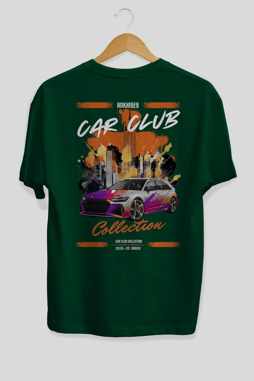 Araba Club Serisi 3 Baskılı Oversize t-shirt Erkek Kadın %100 Pamuk Bisiklet Yaka tişort