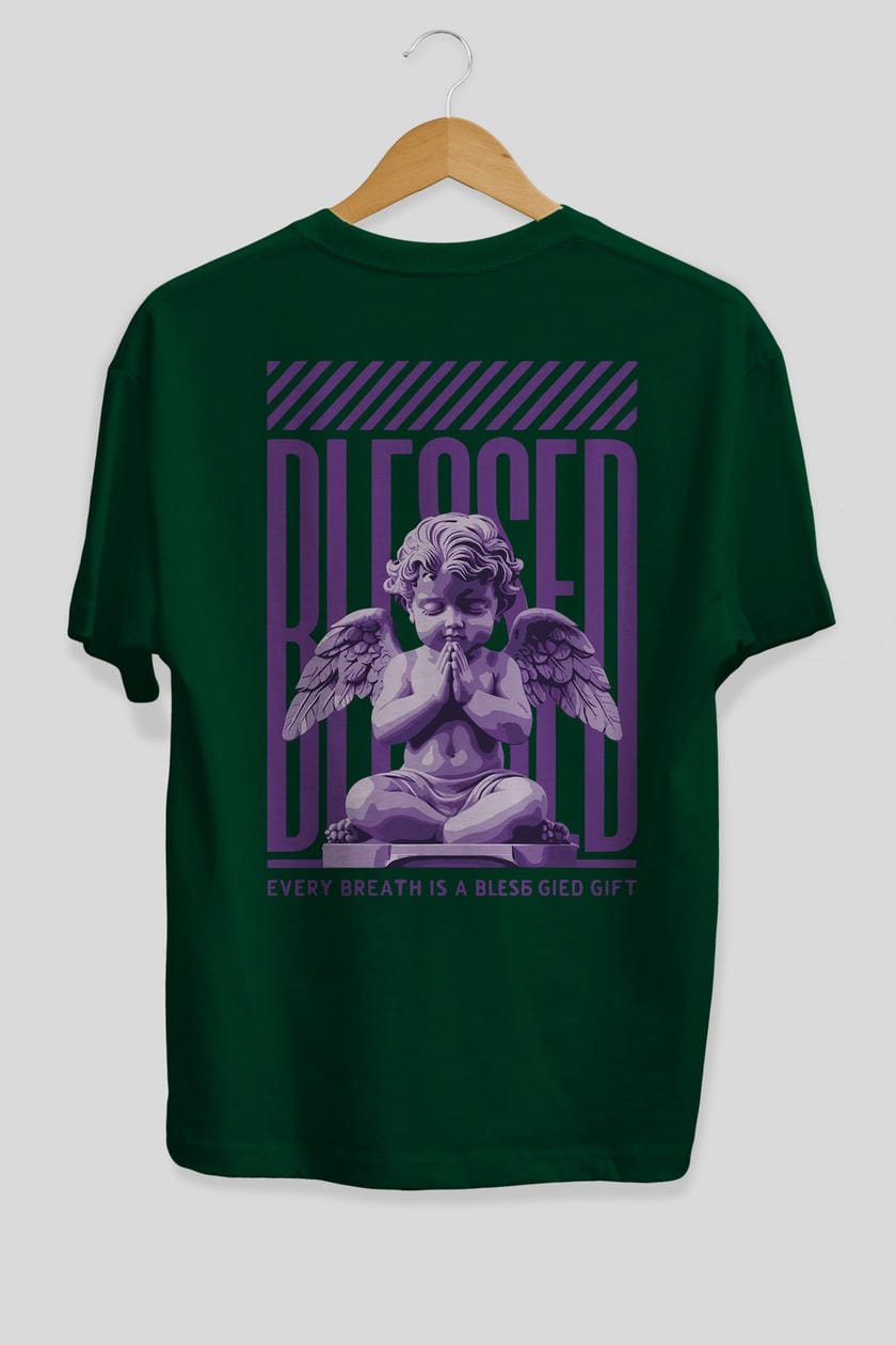 Blessed Arka Baskılı Oversize t-shirt Erkek Kadın %100 Pamuk Bisiklet Yaka tişort