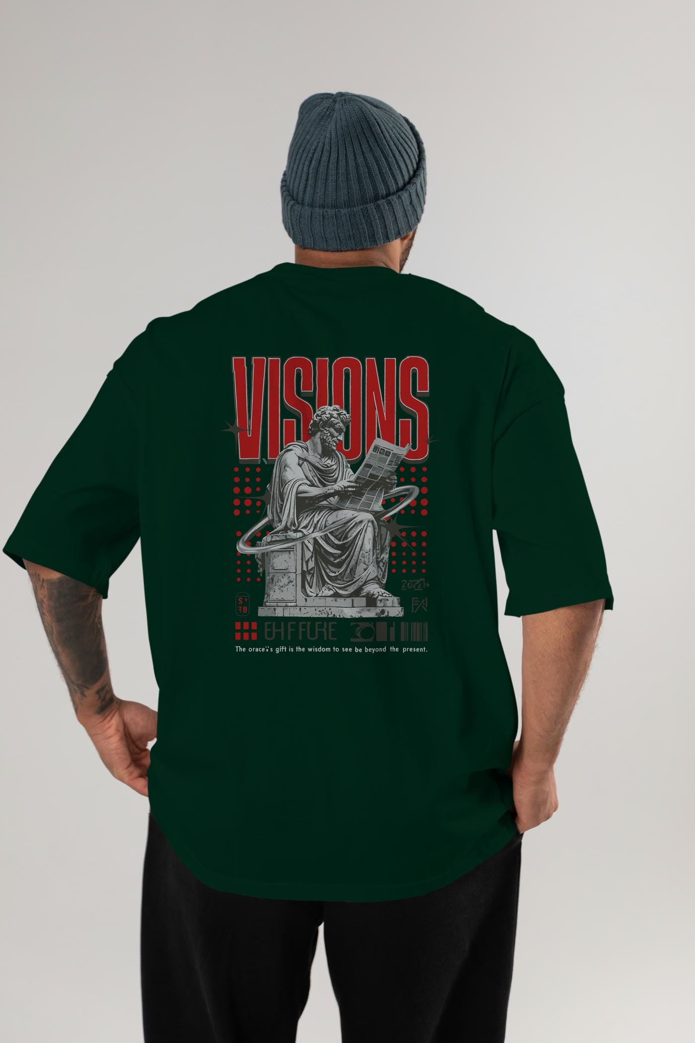Visions Arka Baskılı Oversize t-shirt Erkek Kadın %100 Pamuk Bisiklet Yaka tişort