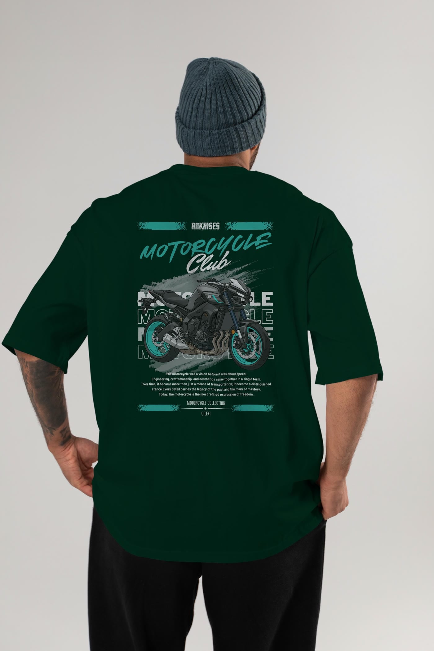 Motosiklet Serisi 21 Arka Baskılı Oversize t-shirt Erkek Kadın %100 Pamuk Bisiklet Yaka tişort