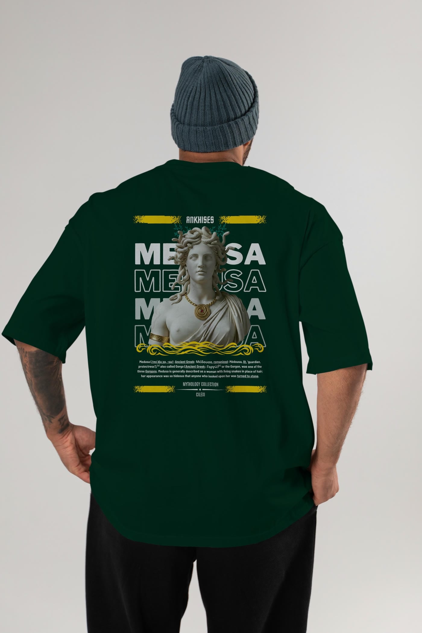 Medusa 3 Arka Baskılı Oversize t-shirt Erkek Kadın %100 Pamuk Bisiklet Yaka tişort