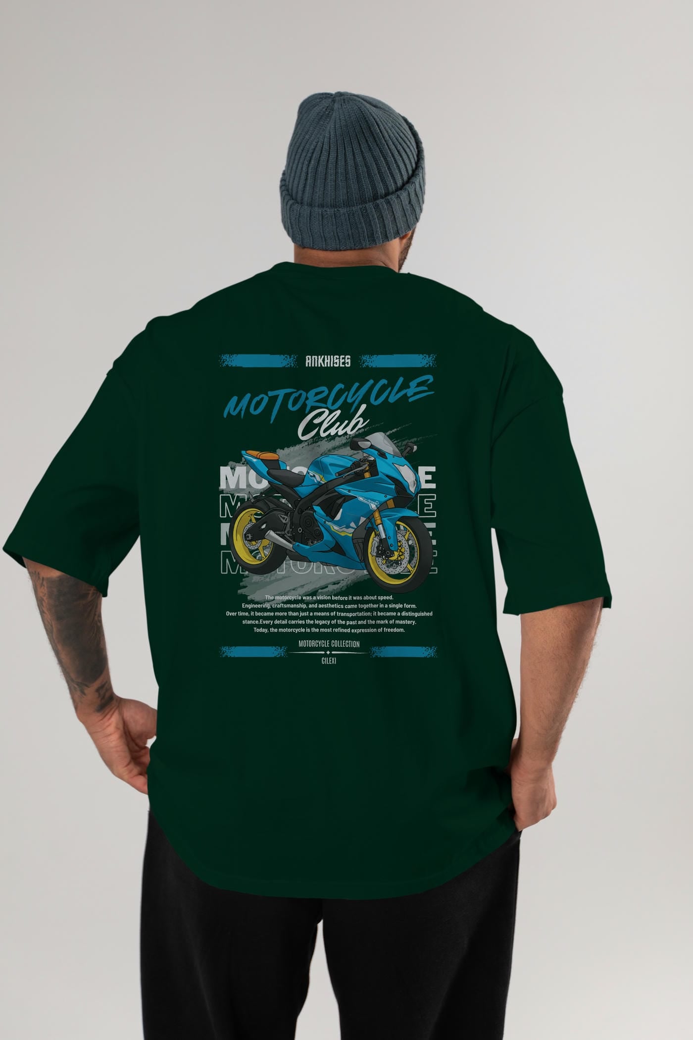 Motosiklet Serisi 11 Arka Baskılı Oversize t-shirt Erkek Kadın %100 Pamuk Bisiklet Yaka tişort