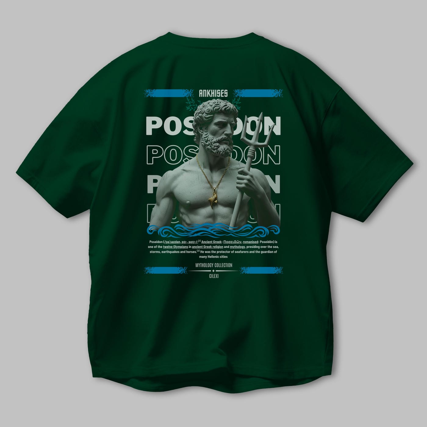 Poseidon 3 Arka Baskılı Oversize t-shirt Erkek Kadın %100 Pamuk Bisiklet Yaka tişort