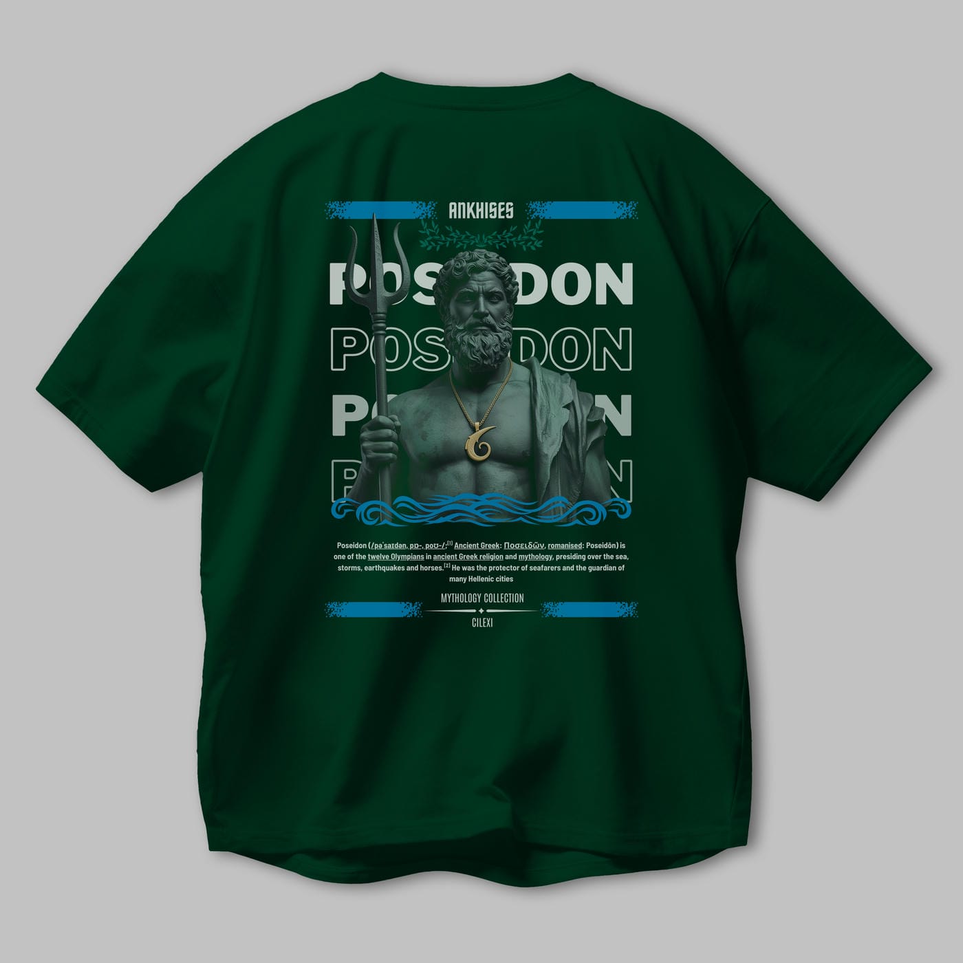 Poseidon 1 Arka Baskılı Oversize t-shirt Erkek Kadın %100 Pamuk Bisiklet Yaka tişort