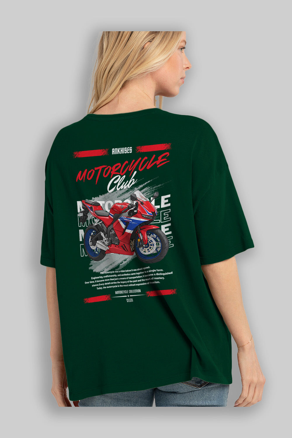 Motosiklet Serisi 24 Arka Baskılı Oversize t-shirt Erkek Kadın %100 Pamuk Bisiklet Yaka tişort