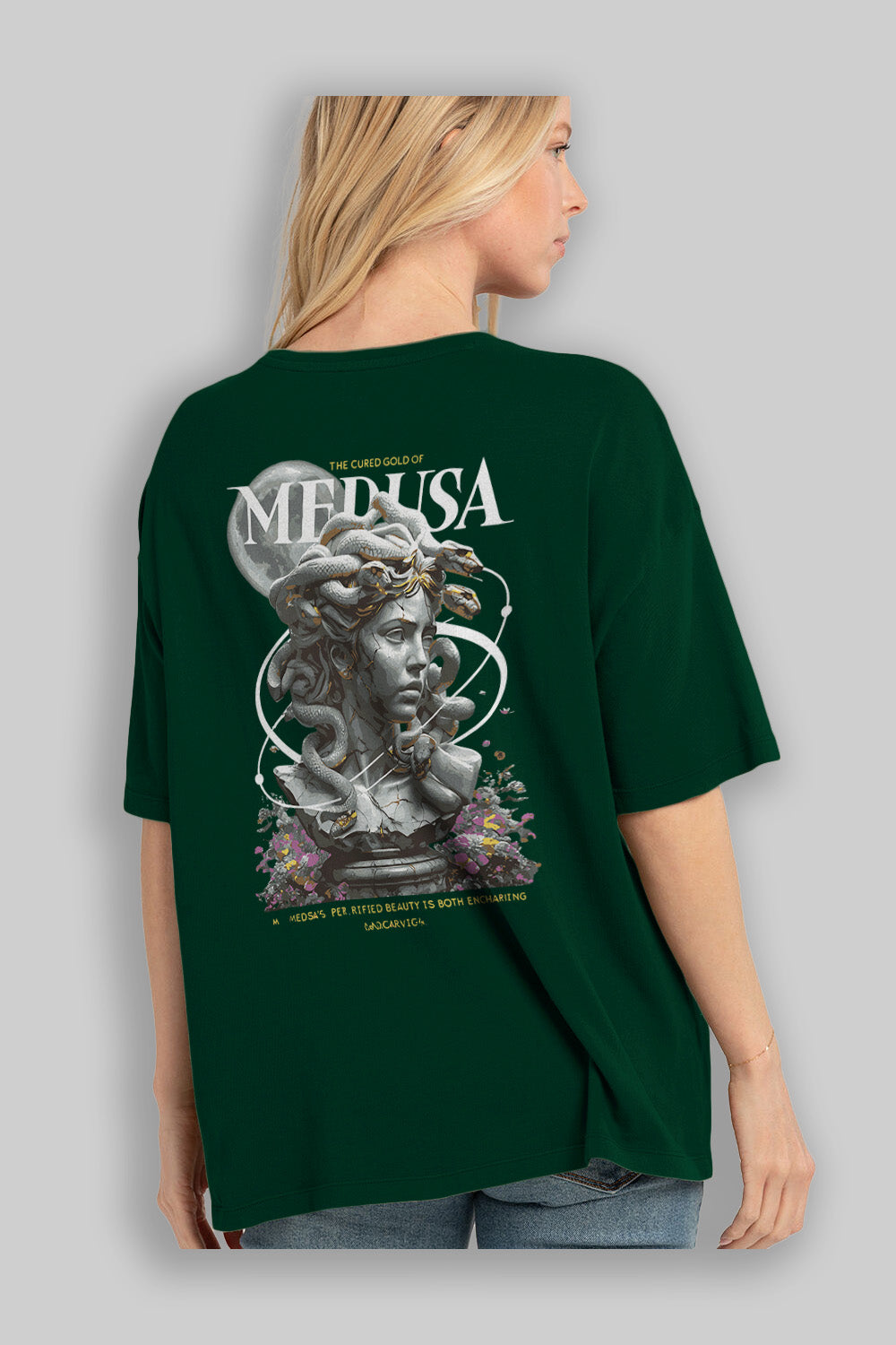 Medusa Arka Baskılı Oversize t-shirt Erkek Kadın %100 Pamuk Bisiklet Yaka tişort