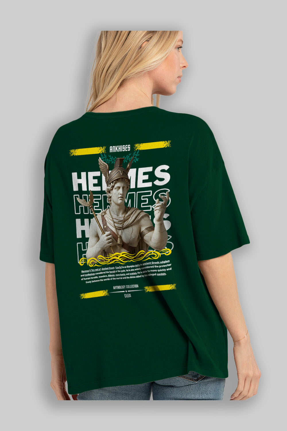 Hermes 1 Arka Baskılı Oversize t-shirt Erkek Kadın %100 Pamuk Bisiklet Yaka tişort