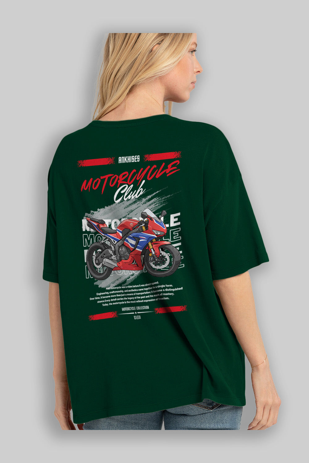 Motosiklet Serisi 25 Arka Baskılı Oversize t-shirt Erkek Kadın %100 Pamuk Bisiklet Yaka tişort