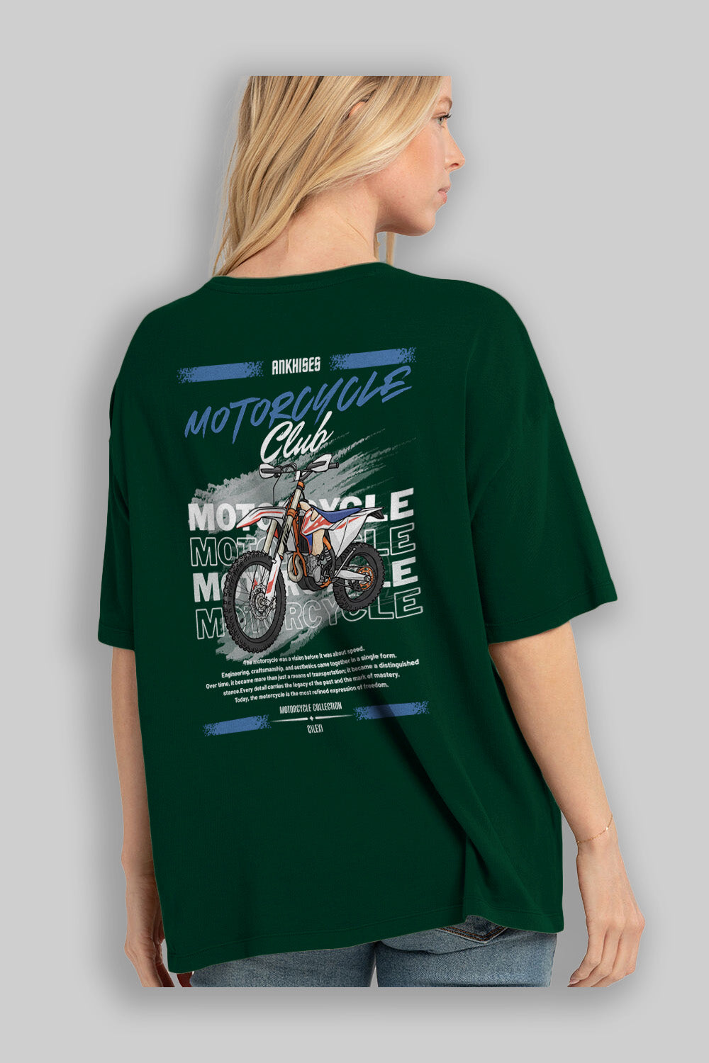 Motosiklet Serisi 18 Arka Baskılı Oversize t-shirt Erkek Kadın %100 Pamuk Bisiklet Yaka tişort