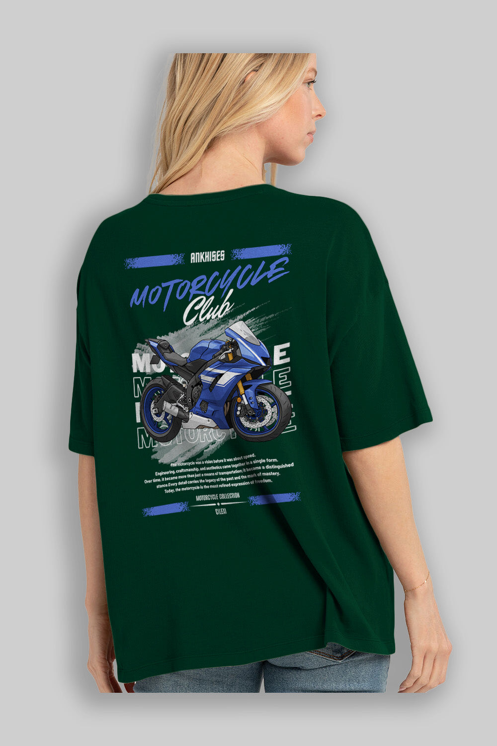Motosiklet Serisi 32 Arka Baskılı Oversize t-shirt Erkek Kadın %100 Pamuk Bisiklet Yaka tişort