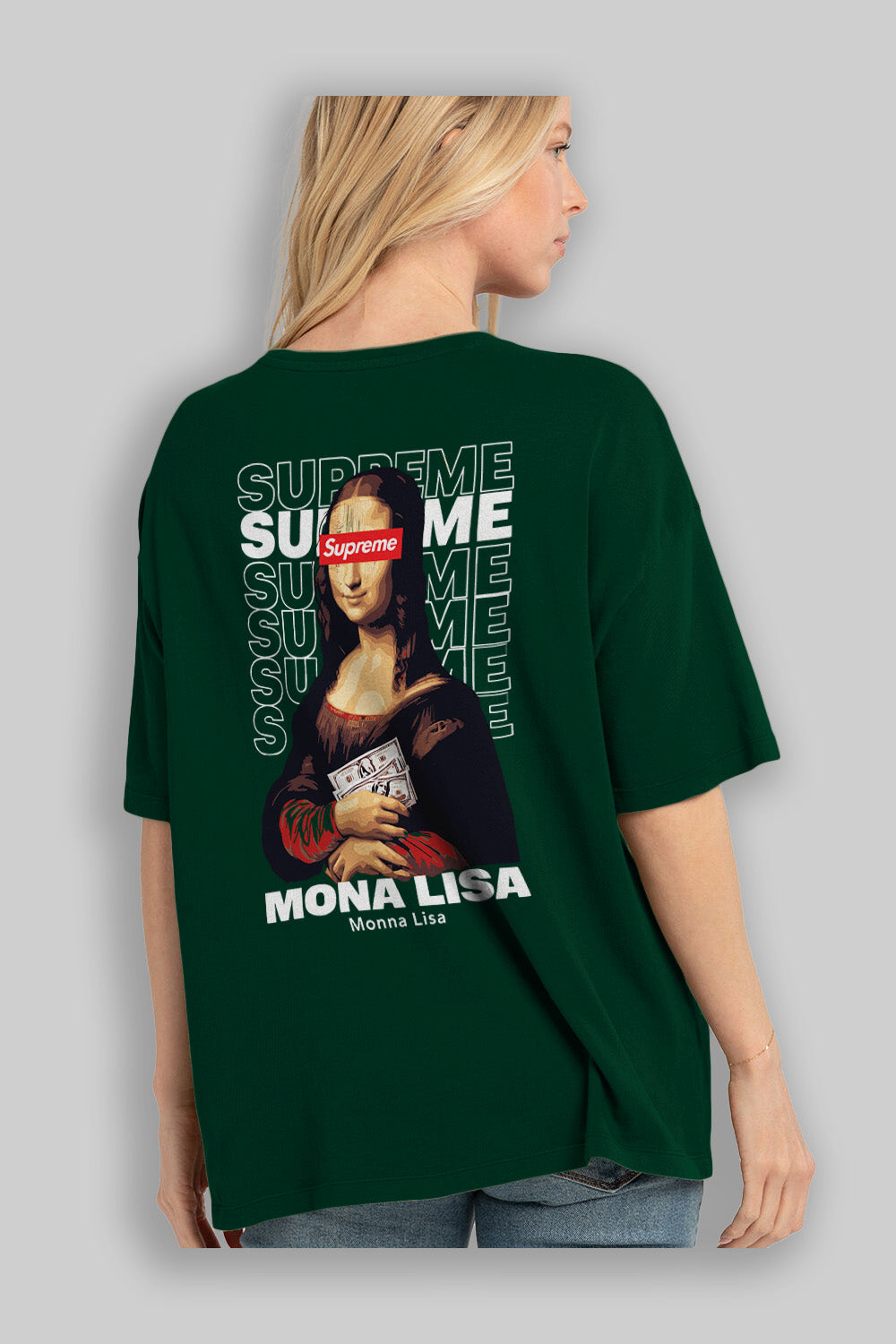 Mona Lisa Supreme Arka Baskılı Oversize t-shirt Erkek Kadın %100 Pamuk Bisiklet Yaka tişort