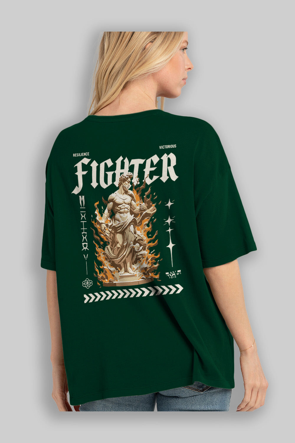 Fighter Arka Baskılı Oversize t-shirt Erkek Kadın %100 Pamuk Bisiklet Yaka tişort