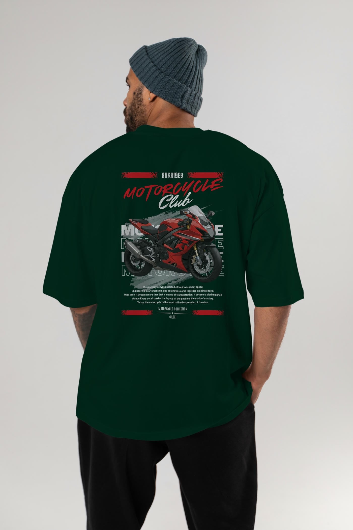 Motosiklet Serisi 5 Arka Baskılı Oversize t-shirt Erkek Kadın %100 Pamuk Bisiklet Yaka tişort
