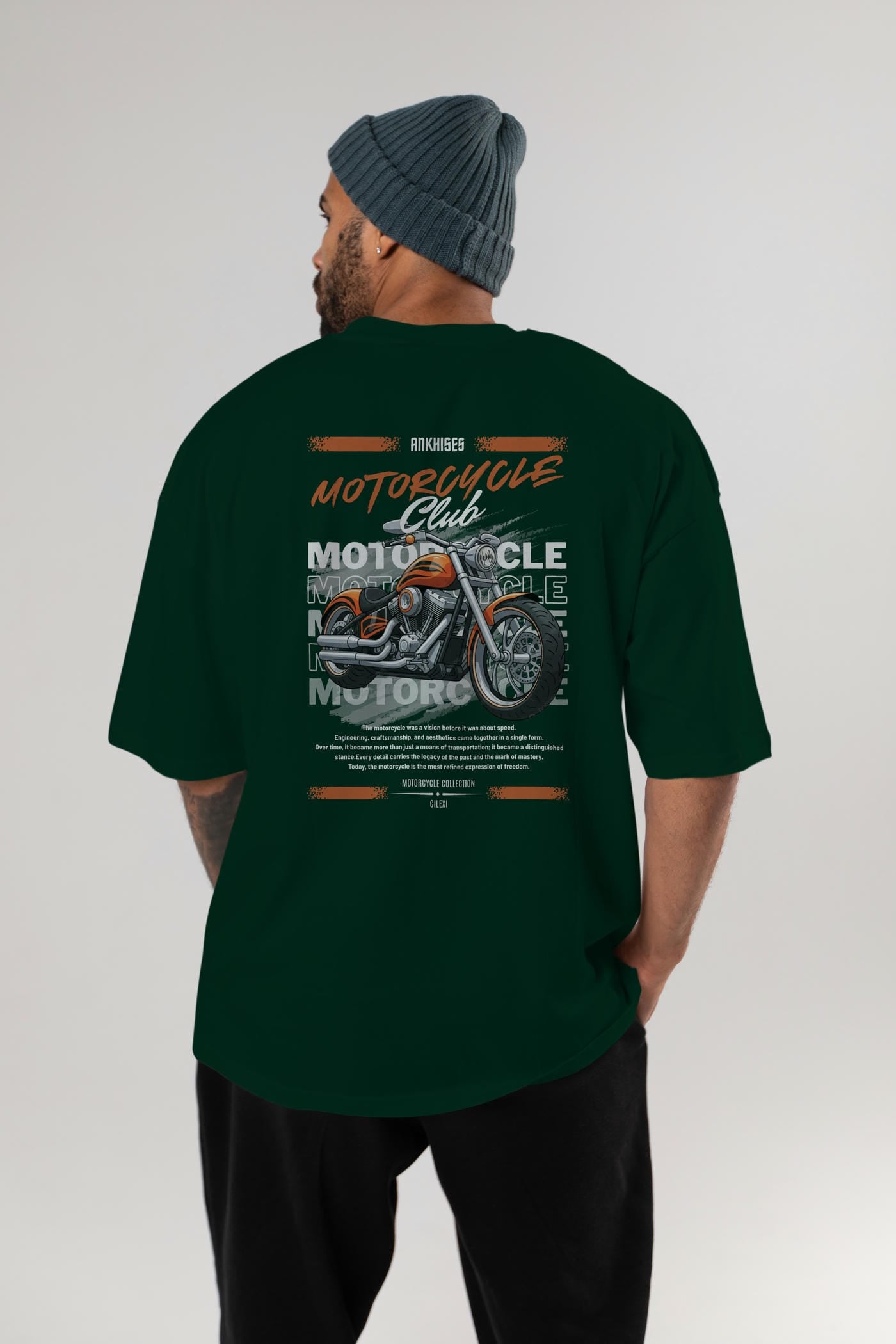 Motosiklet Serisi 34 Arka Baskılı Oversize t-shirt Erkek Kadın %100 Pamuk Bisiklet Yaka tişort