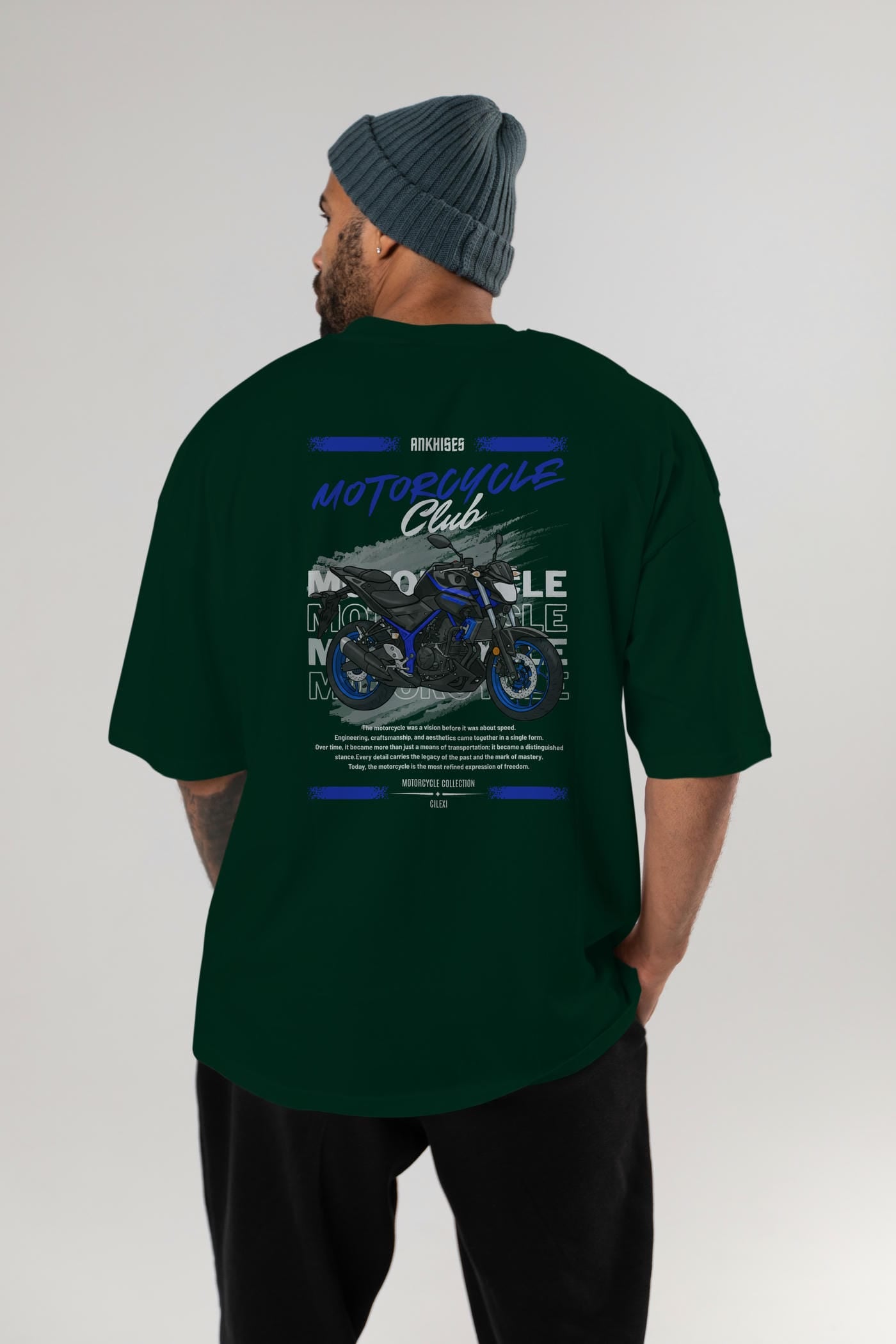 Motosiklet Serisi 22 Arka Baskılı Oversize t-shirt Erkek Kadın %100 Pamuk Bisiklet Yaka tişort
